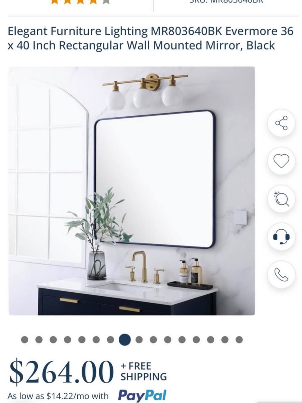 New 36x40 Evermore Black Rectangular Wall Mirror, Large